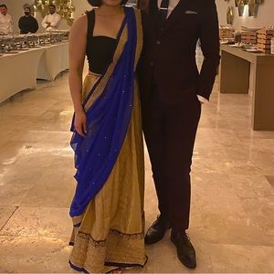 Gold and blue lehenga dress set with dupatta